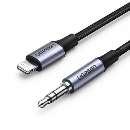 Black Apple Lightning to 3.5mm audio cable for car with silk braid and aluminium shell
