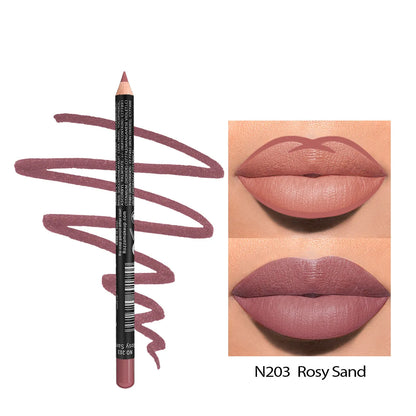 Matte finish lip liner pencil shown in a case, with 14 shade options from 201 to 214 for lip contouring.