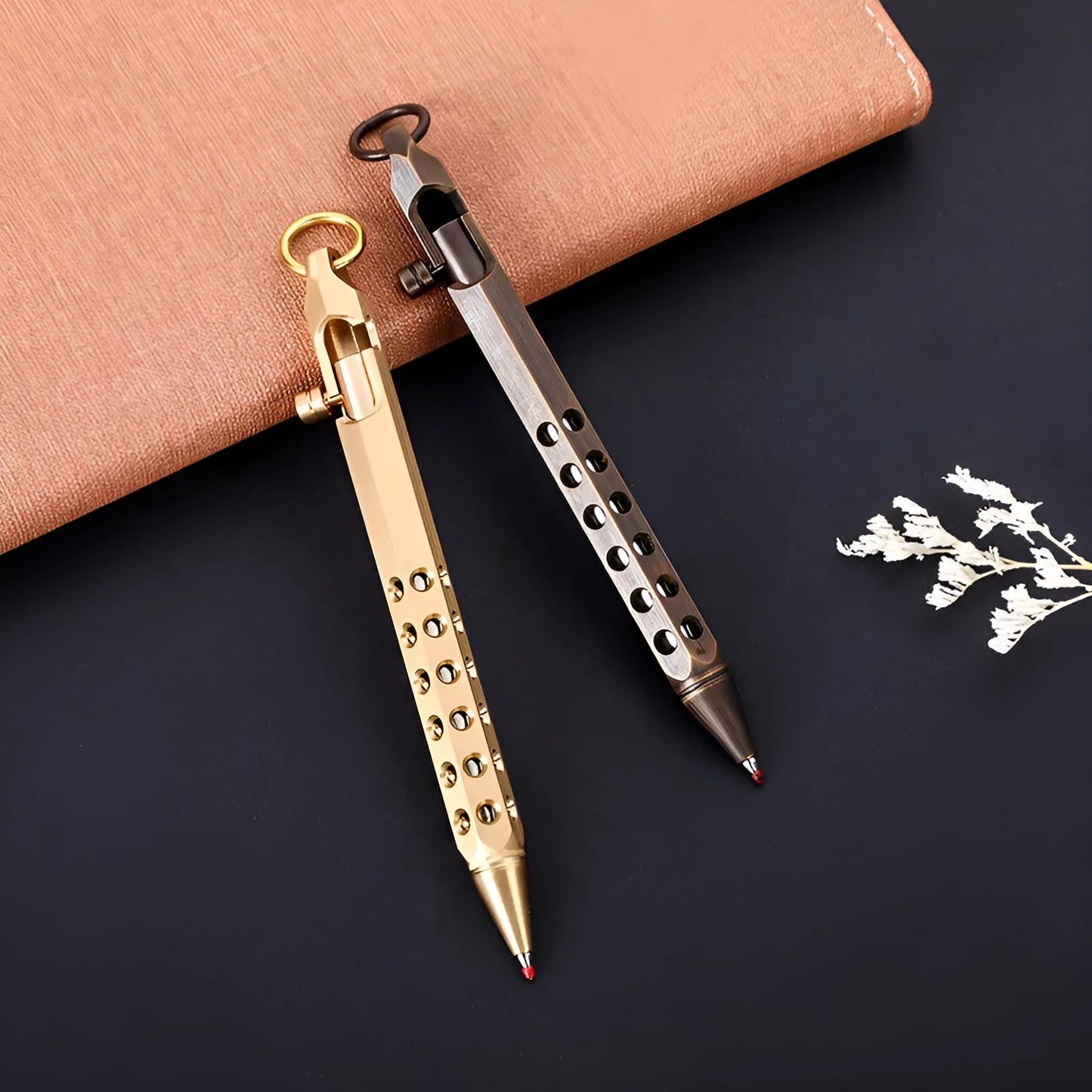 Brass hexagonal bolt pen with retro design showing 6-angle construction and 0.5mm writing tip