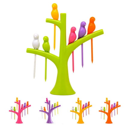 Kids' plastic fruit fork set with tree and birds design in various colours