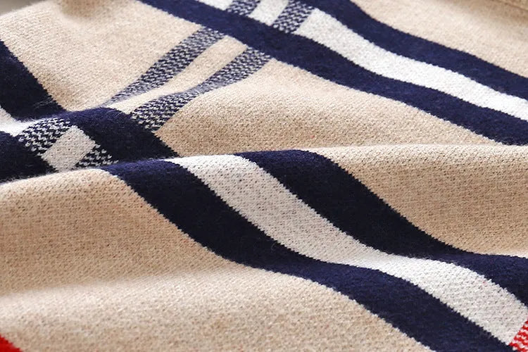 Boys plaid jacquard sweater in Apricot or Navy Blue, long-sleeve cotton-rich pullover for autumn and winter.