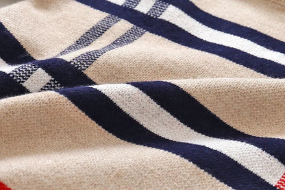 Boys plaid jacquard sweater in Apricot or Navy Blue, long-sleeve cotton-rich pullover for autumn and winter.