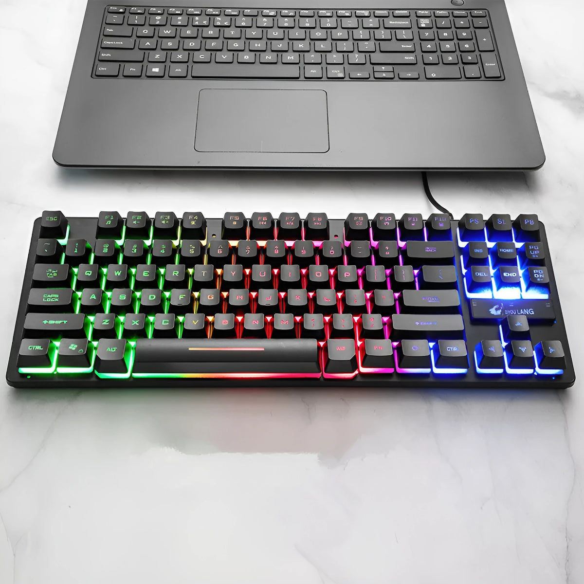 Black 87-key USB wired mechanical gaming keyboard, 36.5cm x 13.5cm x 3cm, with 1.5m cable