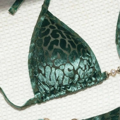 Women's leopard print bikini swimsuit set in various colours including blue and green, shown in triangle and skirt styles.