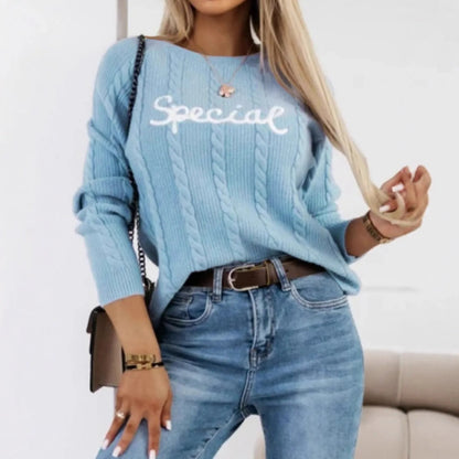 Blue leisure pullover with embroidered letters and text pattern, crew neck street fashion knitwear