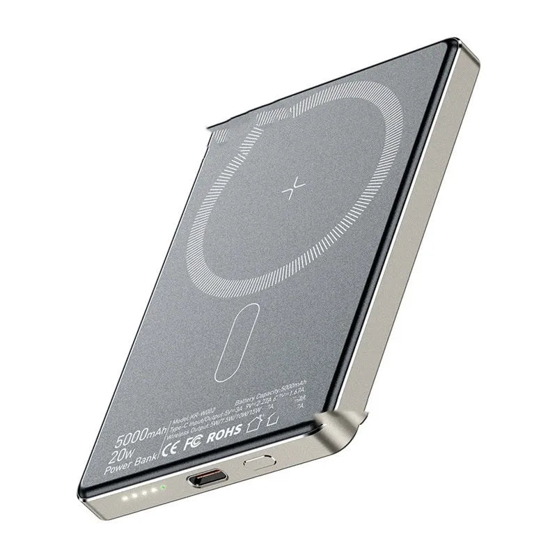 Magnetic wireless charging power bank 5000mAh ultra-thin 8.8mm alloy in titanium or dark gray