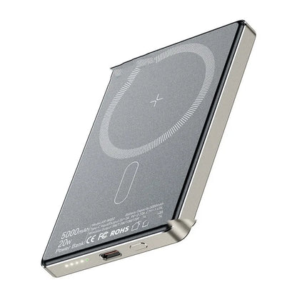 Magnetic wireless charging power bank 5000mAh ultra-thin 8.8mm alloy in titanium or dark gray
