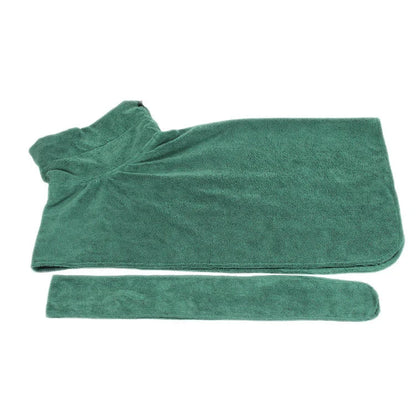 Absorbent pet drying robe with adjustable waist wrap, made of premium microfiber and terry cloth for quick drying and comfort