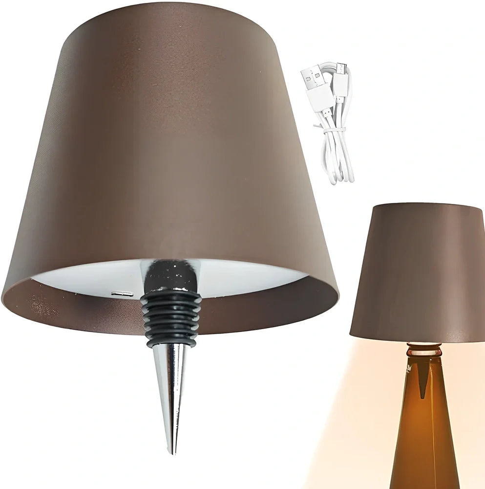 White and black LED wine bottle table lamps with USB charging and dimmable lighting on wooden surface