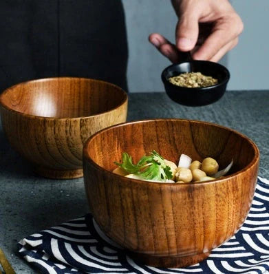 Handcrafted Japanese style wooden bowls for rice, soup, and salad