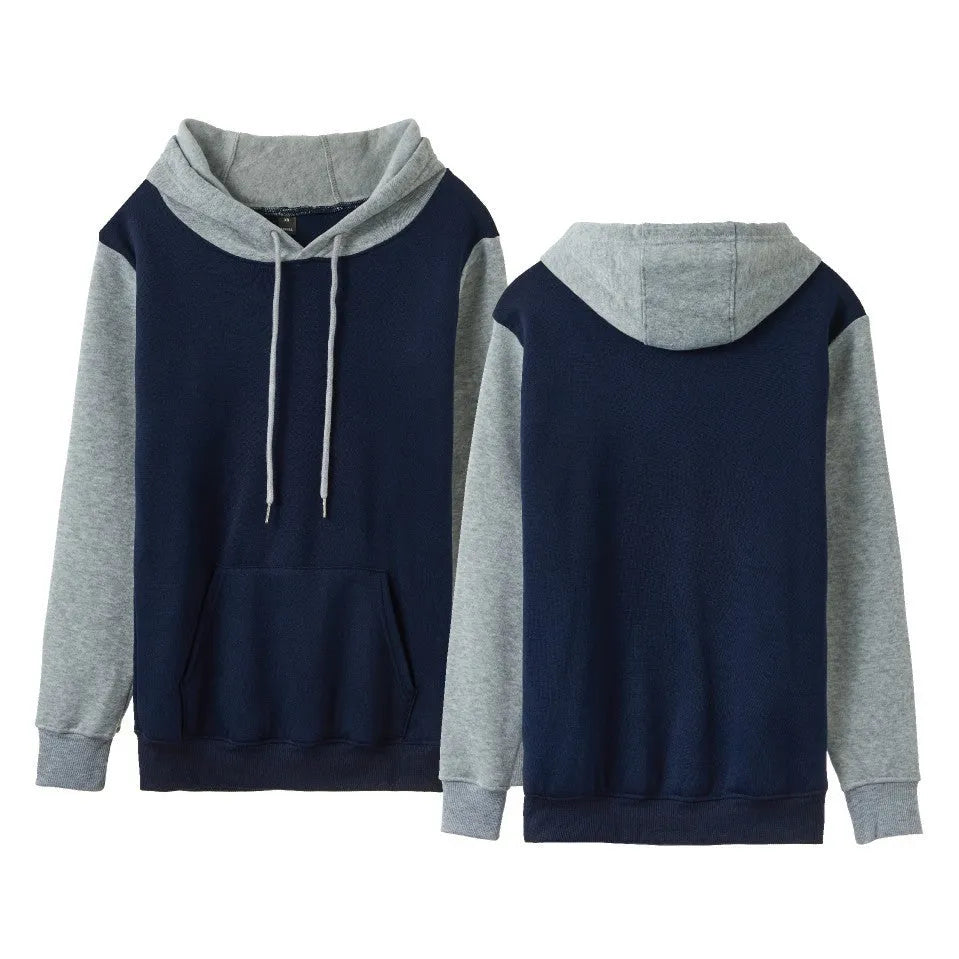 Man wearing a white loose fleece-lined hoodie with contrast stitching, showing the pullover style and hood.