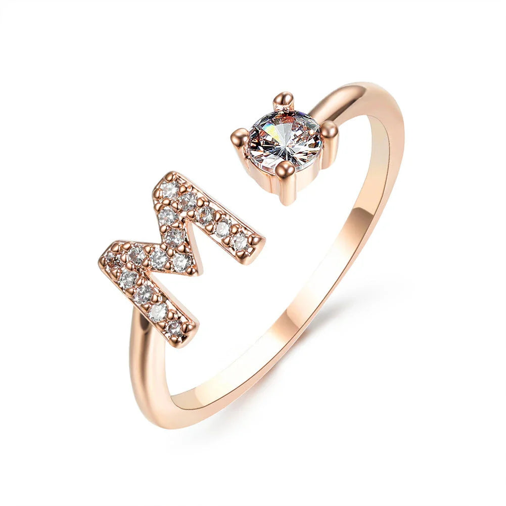 Personalized Initial Letter Crystal Ring with Adjustable Design in Gold, Silver, and Rose Gold Colors