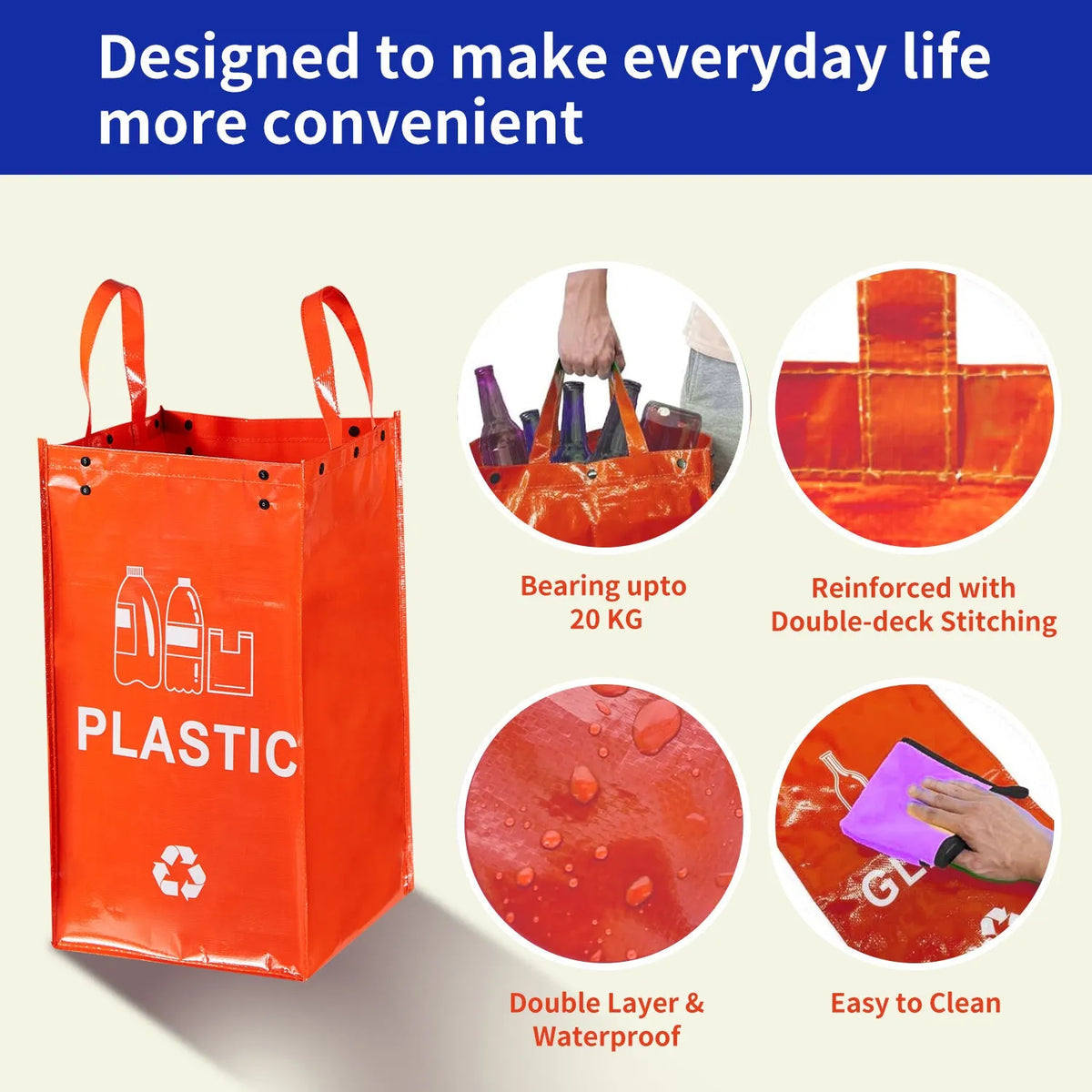 40-litre polypropylene rubbish bag showing 30x50x30cm dimensions and colour options including blue, green, and grey variations