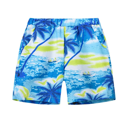 Multi-colour printed beach shorts with hairband belt on a mid-waist, shown in a casual summer style.