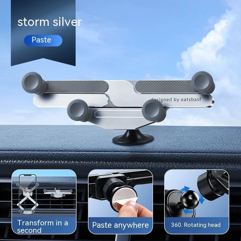 Aluminium alloy car mobile phone holder showing snap-on air vent clip and adhesive dashboard mount versions in black colour.