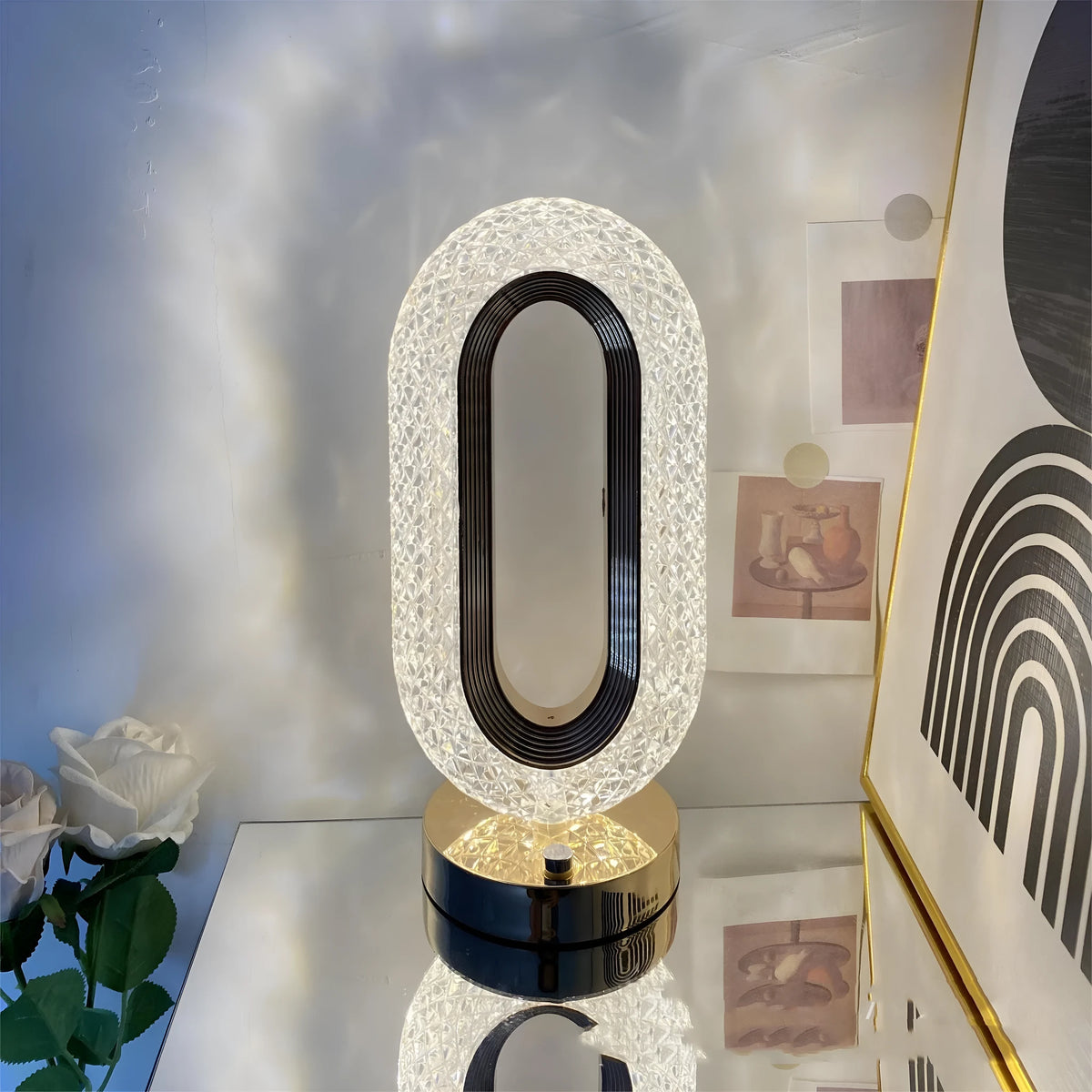 Modern minimalist O-shaped crystal desk lamp with touch dimming control on metal base