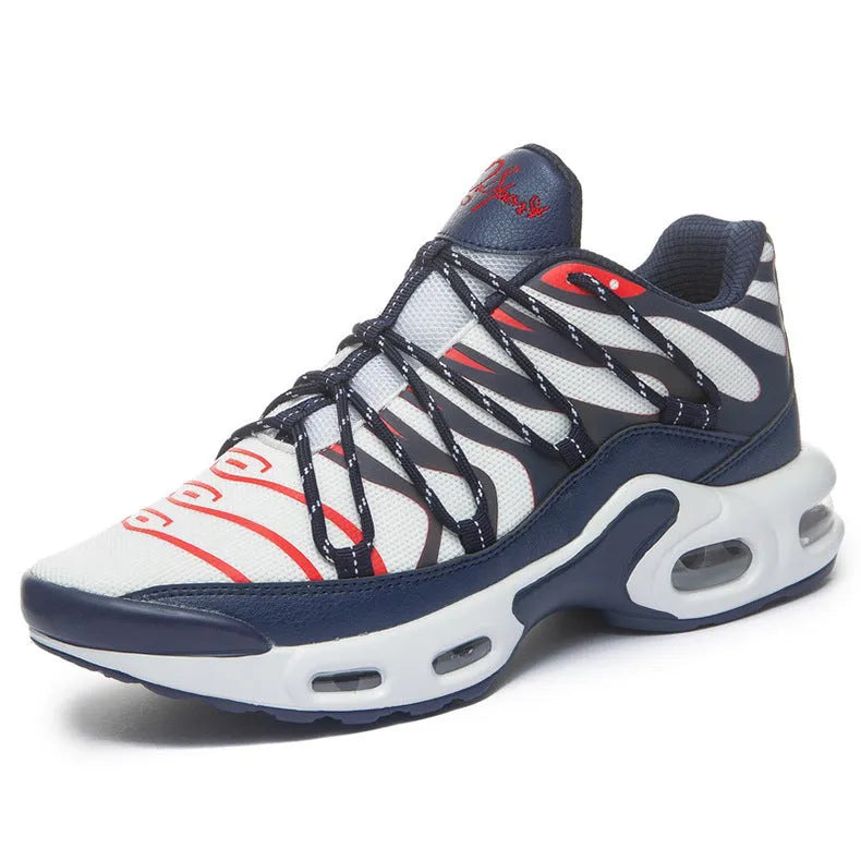 Men's breathable mesh sports shoes with rubber sole, air cushion, front lace-up, available in black, blue, red, and white