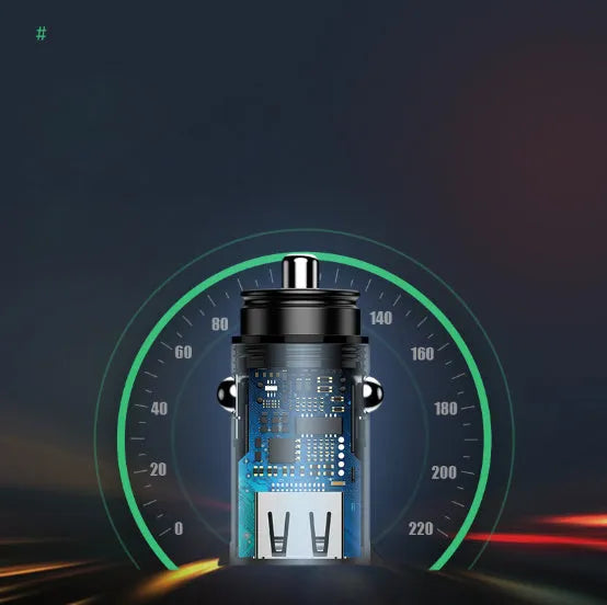 USB smart car charger with aluminium alloy casing in choice of colours, showing compact size for vehicle charging
