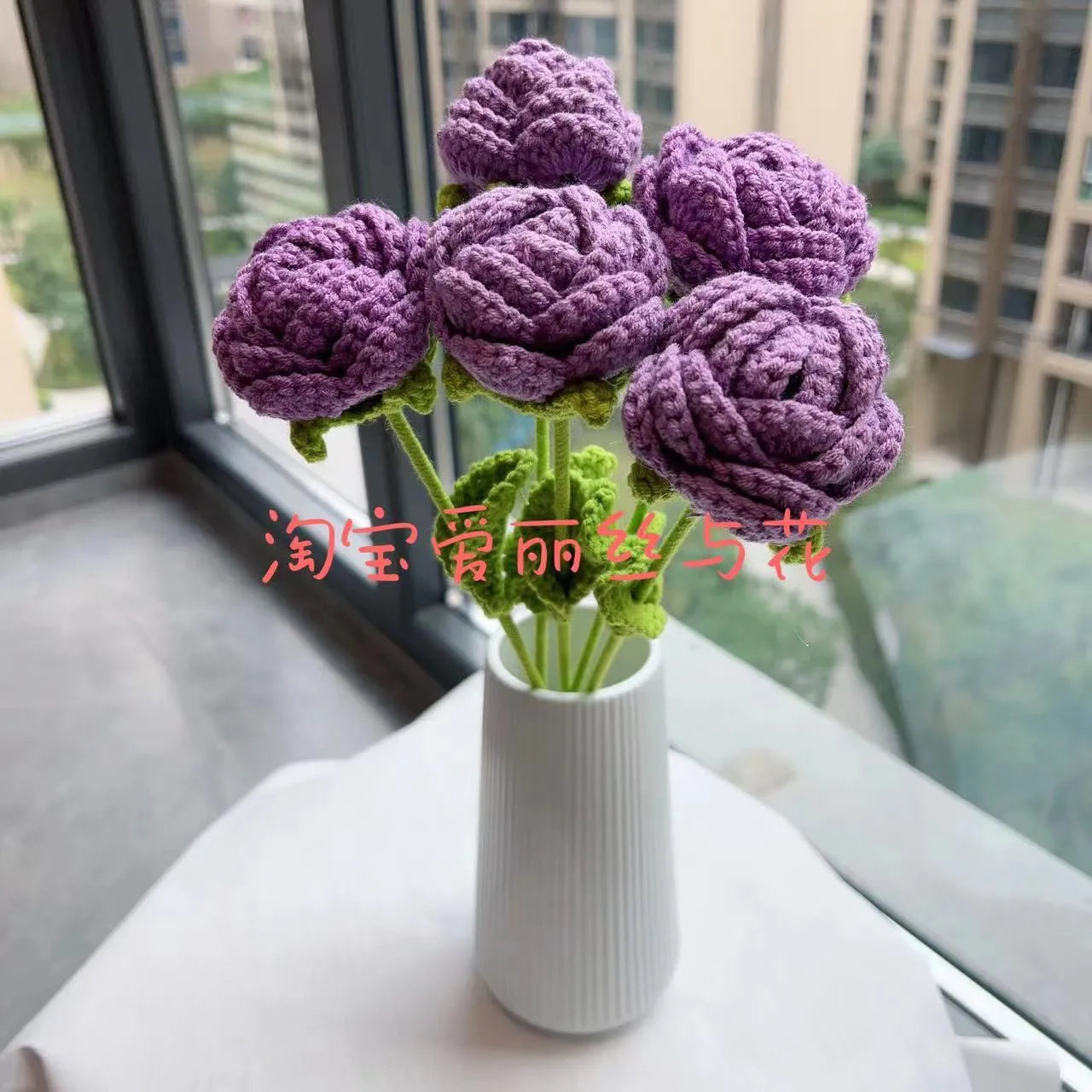 Wool-woven artificial silk rose bouquet in gradient blue colour with textured floral arrangement