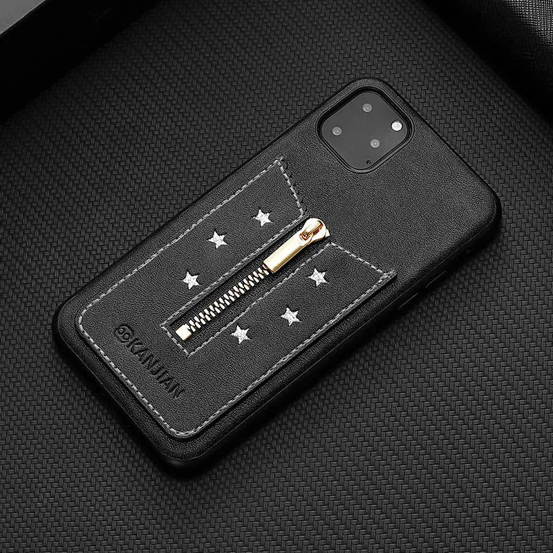 Black PU leather zipper phone case for iPhone, shown with the zipper open.