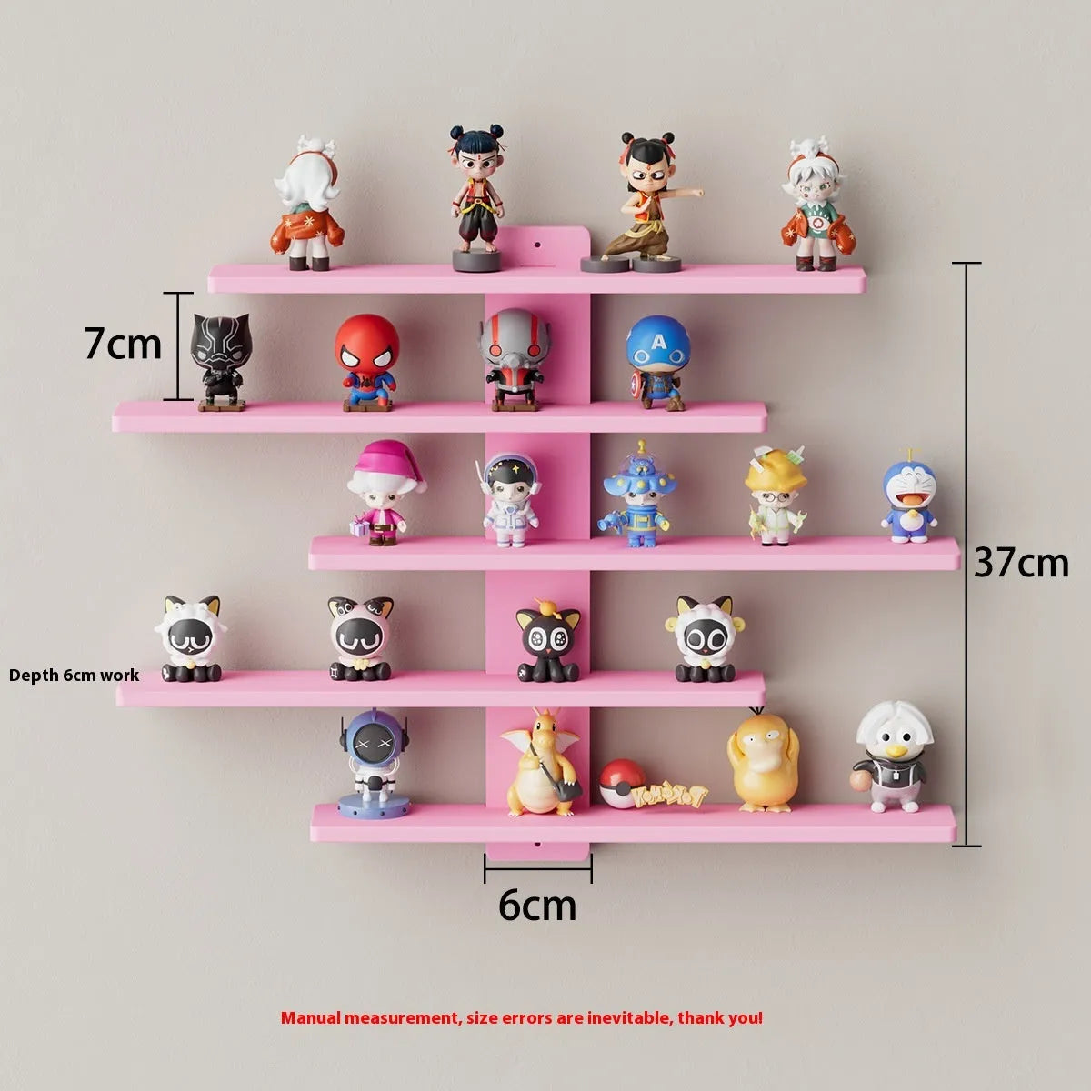 White 5-tier wall-mounted PVC rack displaying toy dolls and blind box collectibles.