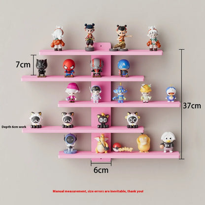 White 5-tier wall-mounted PVC rack displaying toy dolls and blind box collectibles.