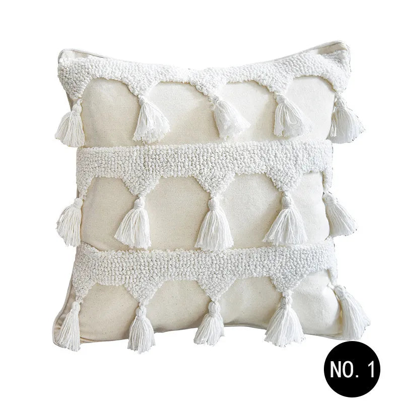 Nordic style tufted geometric throw pillow cover in cotton linen blend on a grey sofa
