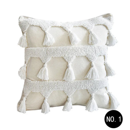 Nordic style tufted geometric throw pillow cover in cotton linen blend on a grey sofa