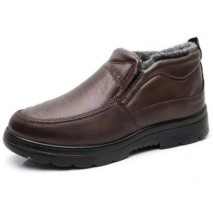 Men's black winter cotton slip-on shoes with fleece lining and rubber soles