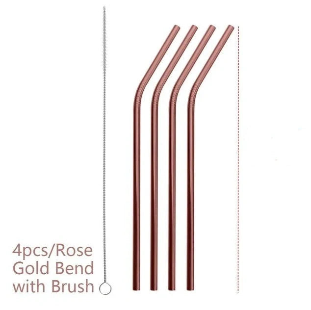 Colourful reusable stainless steel drinking straws with cleaning brush, perfect for eco-friendly sipping.
