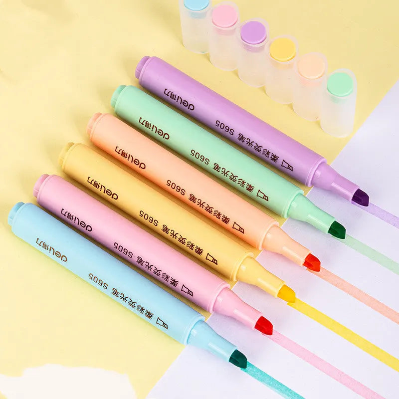 Deli S605 soft colour highlighter pens with oblique fibre tips in macaron, crystal and dark colour sets