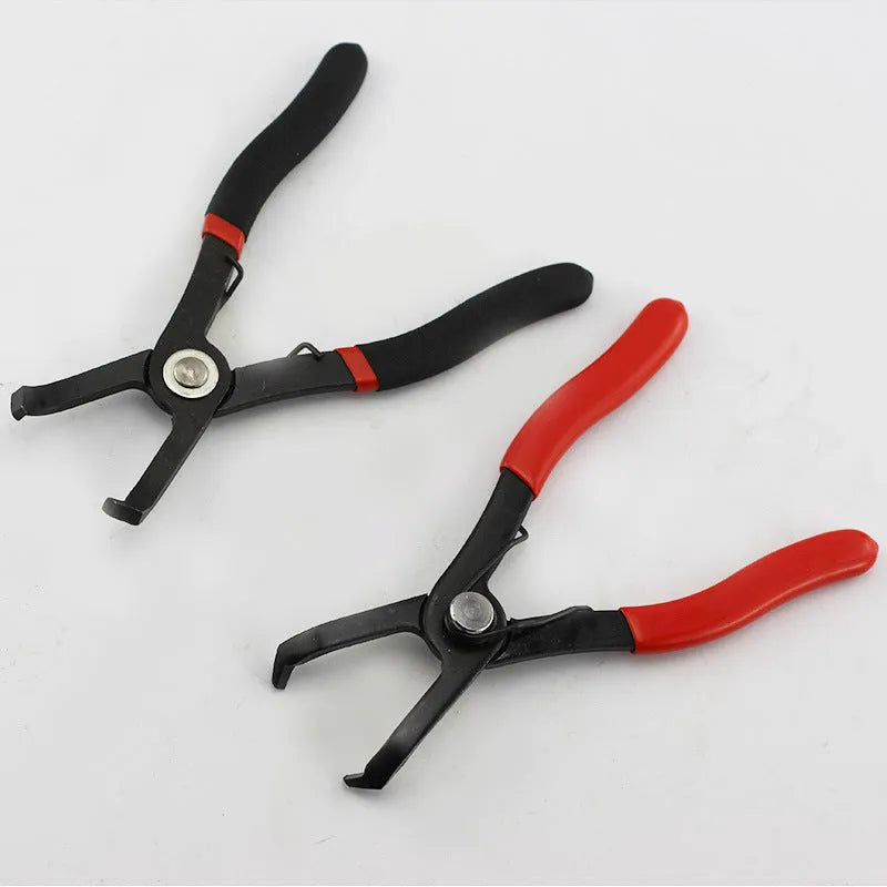 Red round nail removal pliers with PVC handles, jaws open, designed for extracting wire buckles and panel pins.