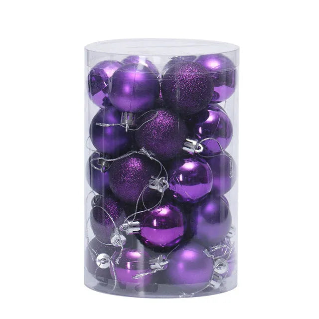 Assortment of 34 round 4cm plastic Christmas baubles in gold, silver, red, blue, and other colours.