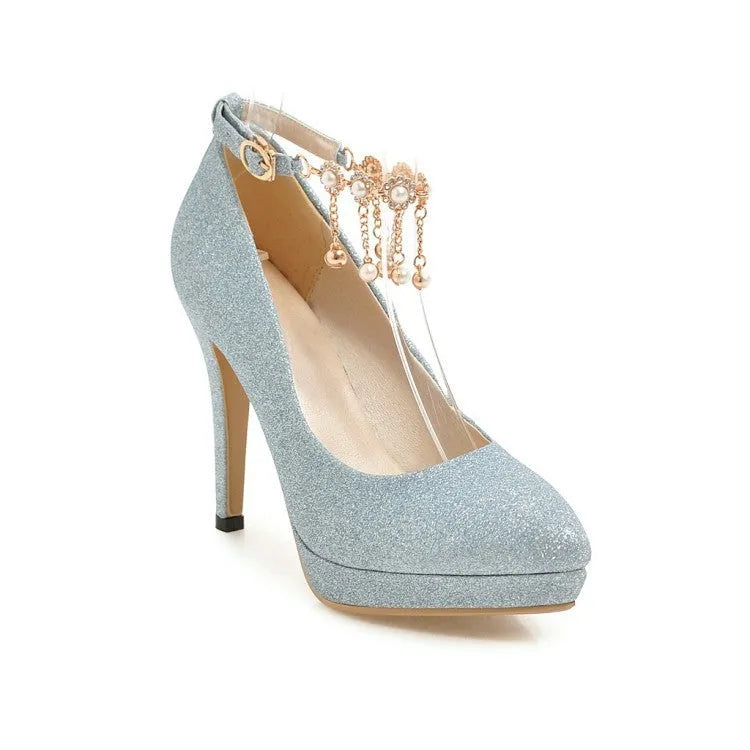 Women's platform high heels with stiletto heel in blue, pink, gold, or silver, showing pointed toe and available cutting depths.
