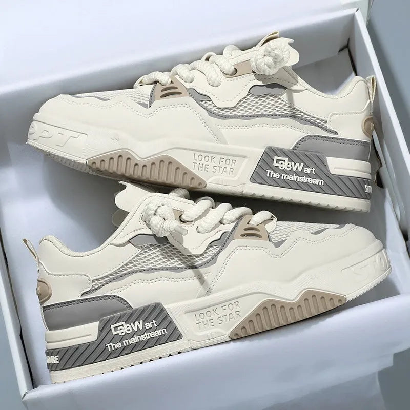 Men's low-top board shoes in beige, white and black, and white and yellow colour options.