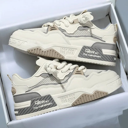 Men's low-top board shoes in beige, white and black, and white and yellow colour options.