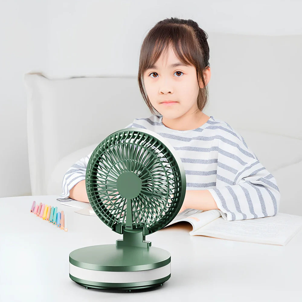 Black 7-inch portable folding desk fan with hook, LED, and temperature display on white background