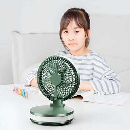 Black 7-inch portable folding desk fan with hook, LED, and temperature display on white background