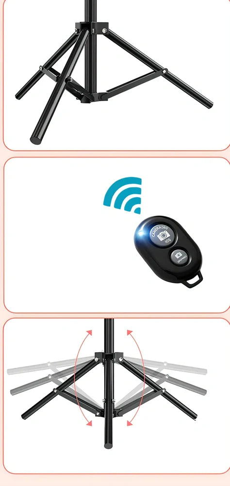 10-inch ring selfie light clipped to smartphone with 19cm metal bracket extended, rotatable for even face illumination
