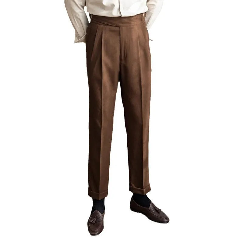 Men's high waist straight leg casual trousers in black, shown laid flat.