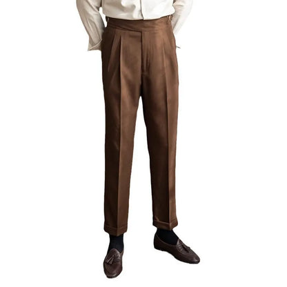 Men's high waist straight leg casual trousers in black, shown laid flat.