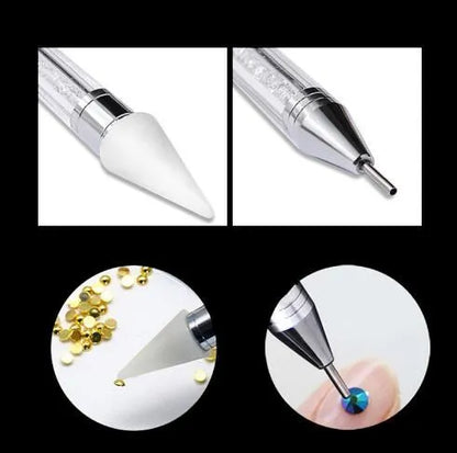 Dual-ended nail dotting pen with wax tip and metal picker for diamond painting and rhinestone placement
