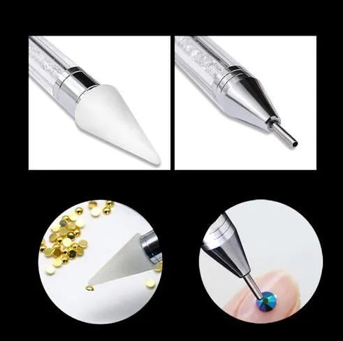 Dual-ended nail dotting pen with diamond painting and crystal bead handling functionality, featuring a 155mm acrylic rod construction with a wax pencil tip and metal picker end for precise rhinestone stud placement during manicure applications