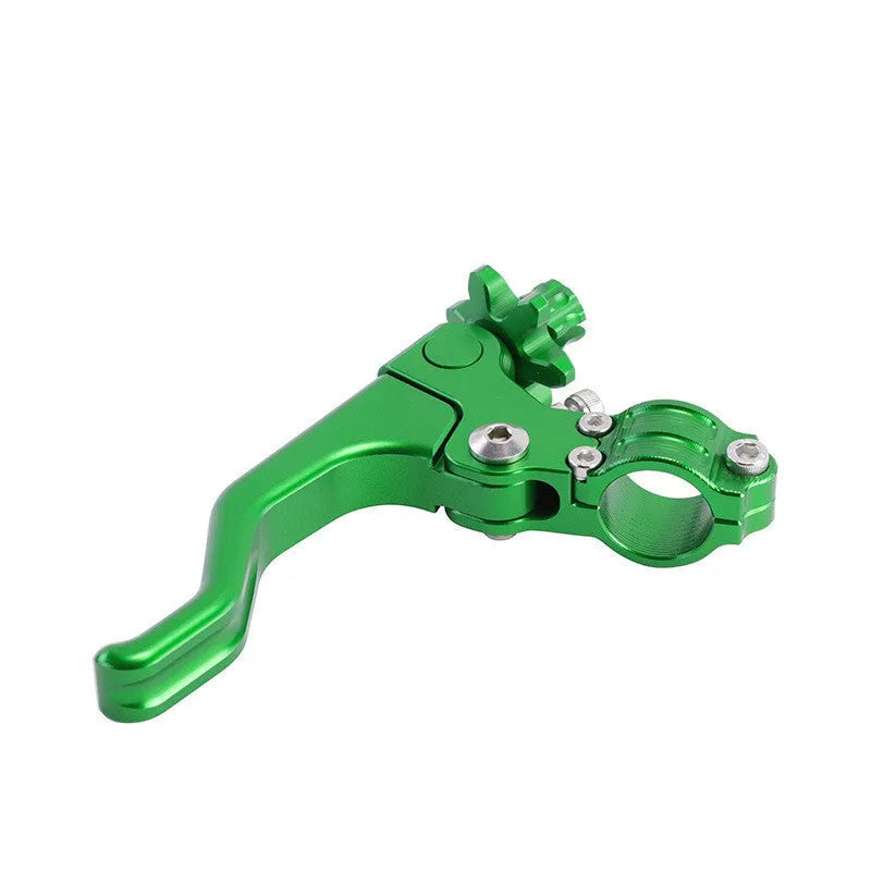 Aluminium alloy two-finger motorcycle clutch lever in eight colour options including red, black, blue, and silver.