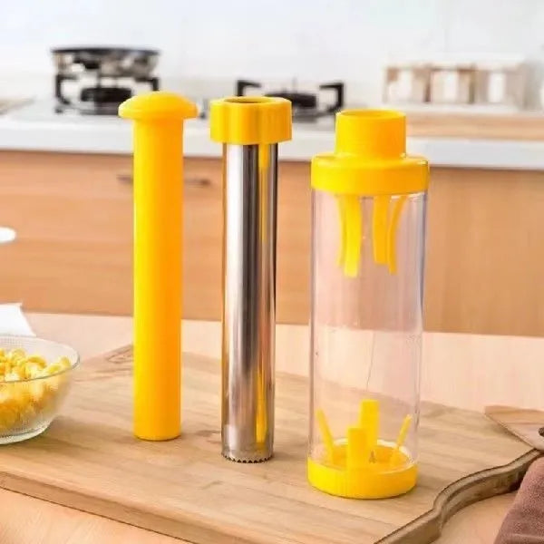 Yellow cylindrical corn stripper kitchen tool with ABS plastic and stainless steel construction