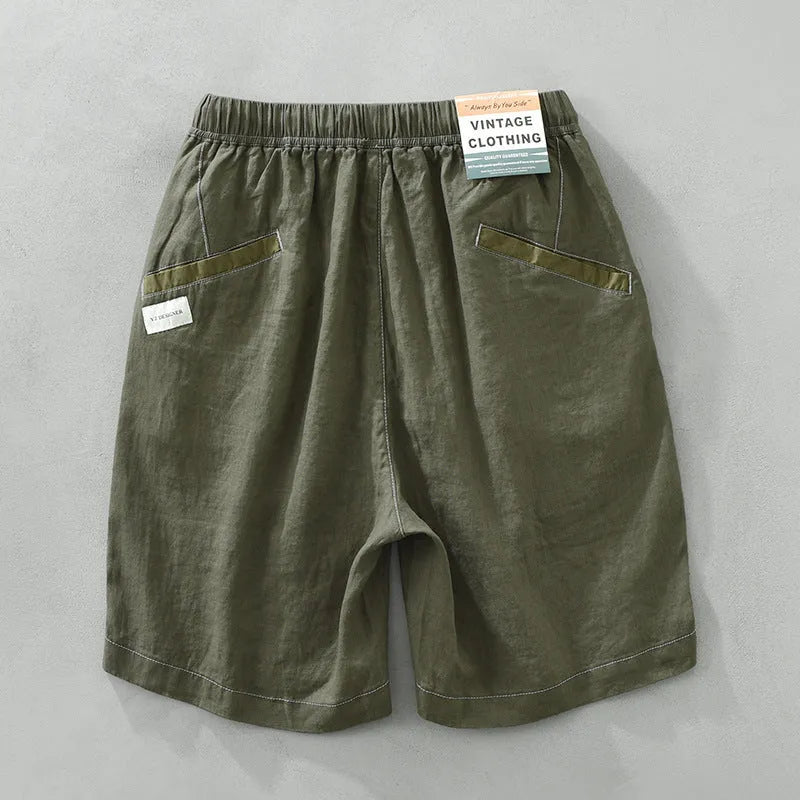 Men's linen shorts in loose straight drooping style with drawstring waist in green colour