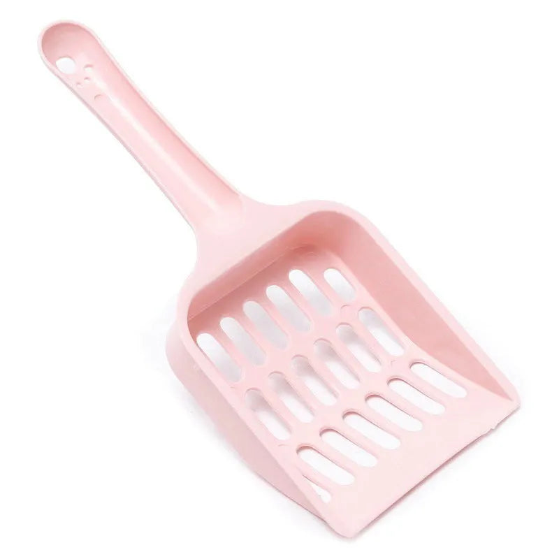 Plastic cat litter scoop in blue on a white background, showing handle and perforated scoop area.