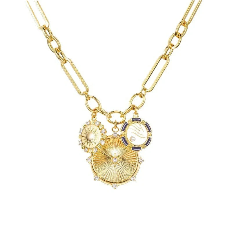 Gold sun pendant necklace with adjustable stainless steel chain