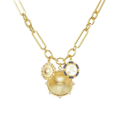 Gold sun pendant necklace with adjustable stainless steel chain