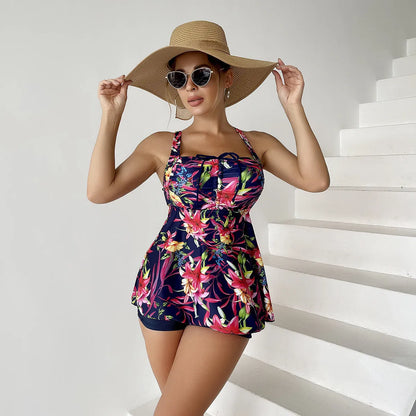 Women's skirt-style swimsuit with printed tangini floral pattern in blue